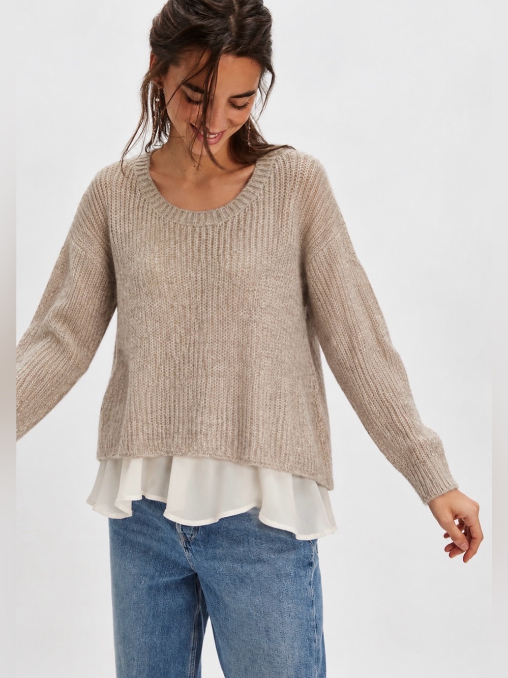 NWT Mohair Wool Blend Split Back Crew Neck Sweater Beige Size S Cozy Boho Coasta